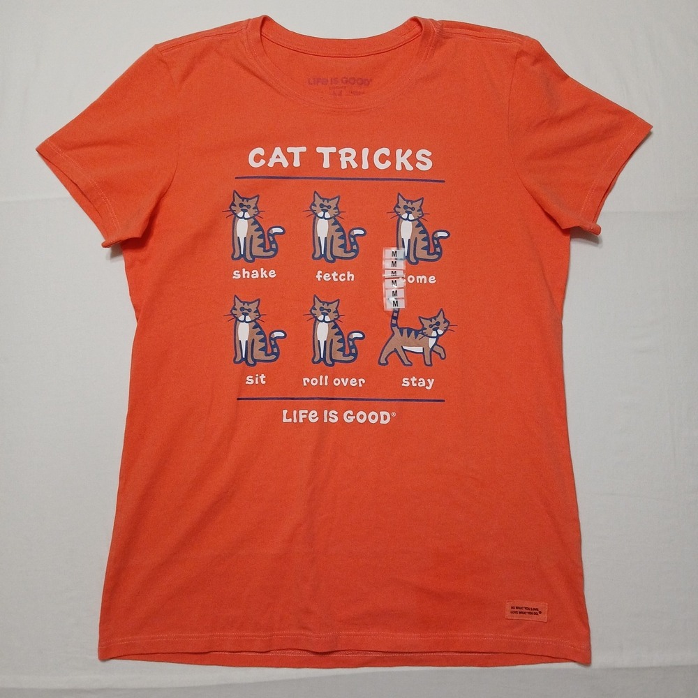 NWT! Life is Good Women's Size Medium Tabby Cat Tricks Crusher Tee Mango Orange - Picture 4 of 8